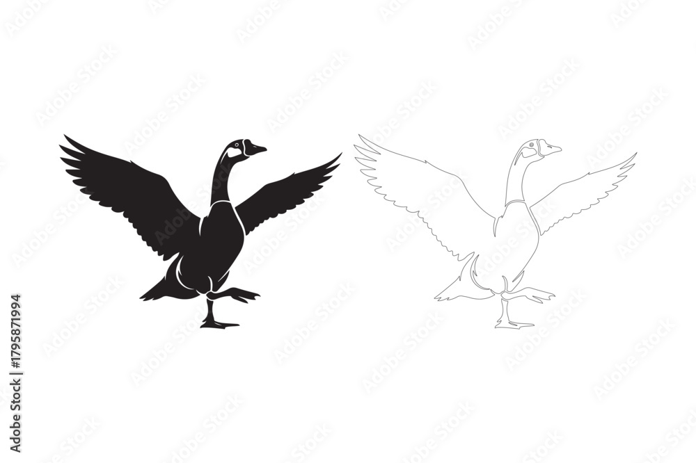 Obraz premium Silhouette of a goose with wings spread next to a sketch