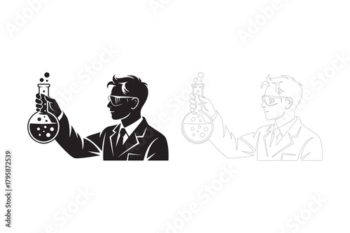 Scientist in silhouette holding a flask with bubbles