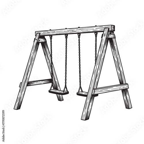 Vintage vector engraving illustration of a wooden playground swing set with sturdy frame and hanging seats isolated on transparent background showing detailed outdoor recreation eq