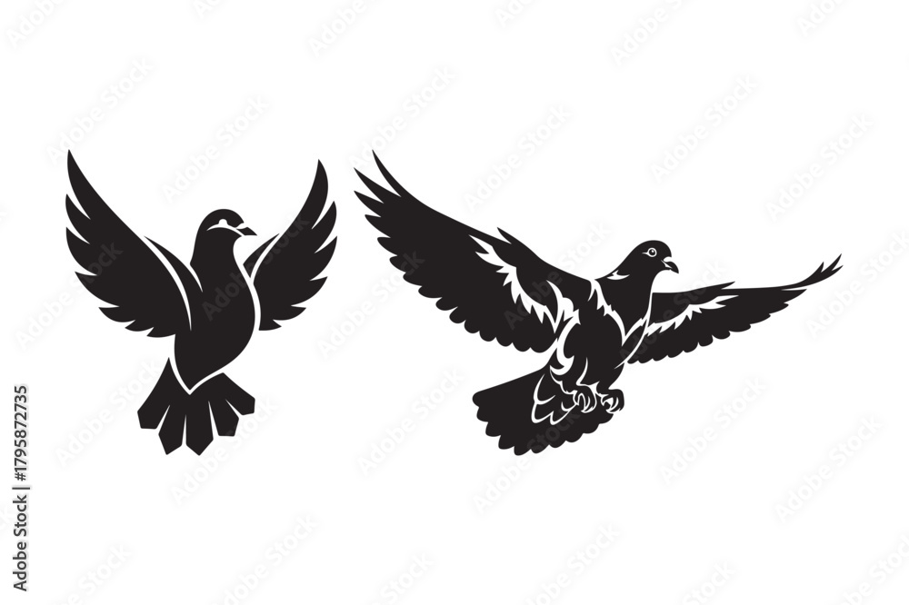 Fototapeta premium Two silhouette pigeons in flight with wings spread wide