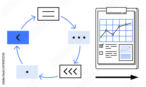 Arrows connecting process steps in a circle beside a clipboard with a line graph and data boxes. Ideal for productivity, workflow, strategy, analysis, planning, efficiency, business. Simple flat