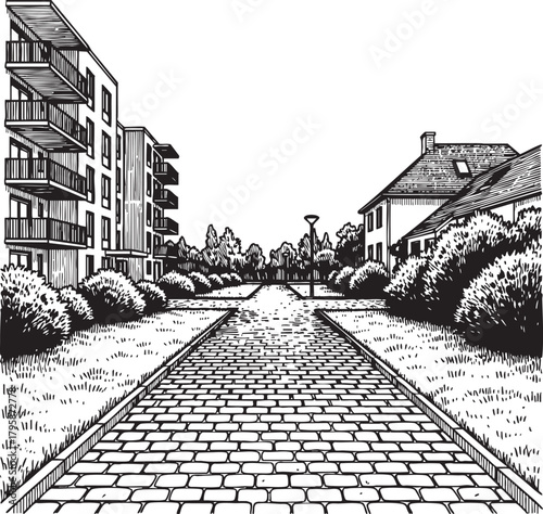Vintage vector engraving illustration of a residential walkway with bushes apartment buildings stone pavement and distant houses isolated on transparent background showing suburban