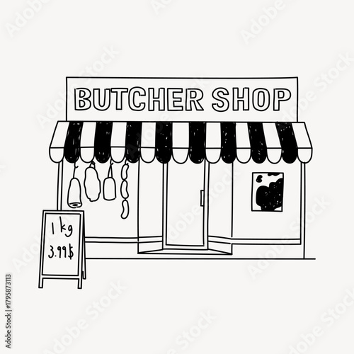 Butcher shop front doodle illustration vector