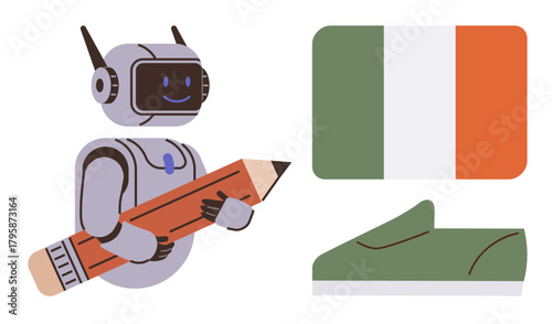 Robot carrying a pencil, Irish tricolor flag, and green shoe as a nod to creativity, national identity, learning, and innovation. Ideal for education, art, technology culture writing AI