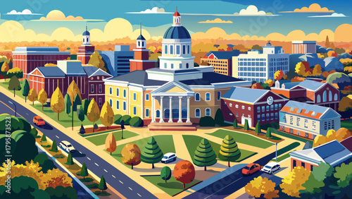 Very beautiful aerial panorama of Concord showcasing the New Hampshire State House, Main Street, tree-lined avenues, and classic architectural details in a clean, atmospheric, non-event urban landscap