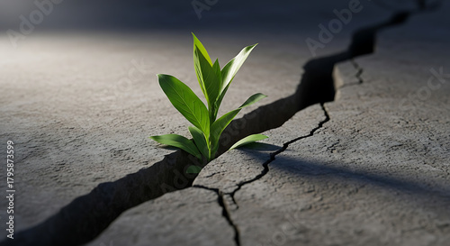 Green Plant Growing from Cracked Concrete
