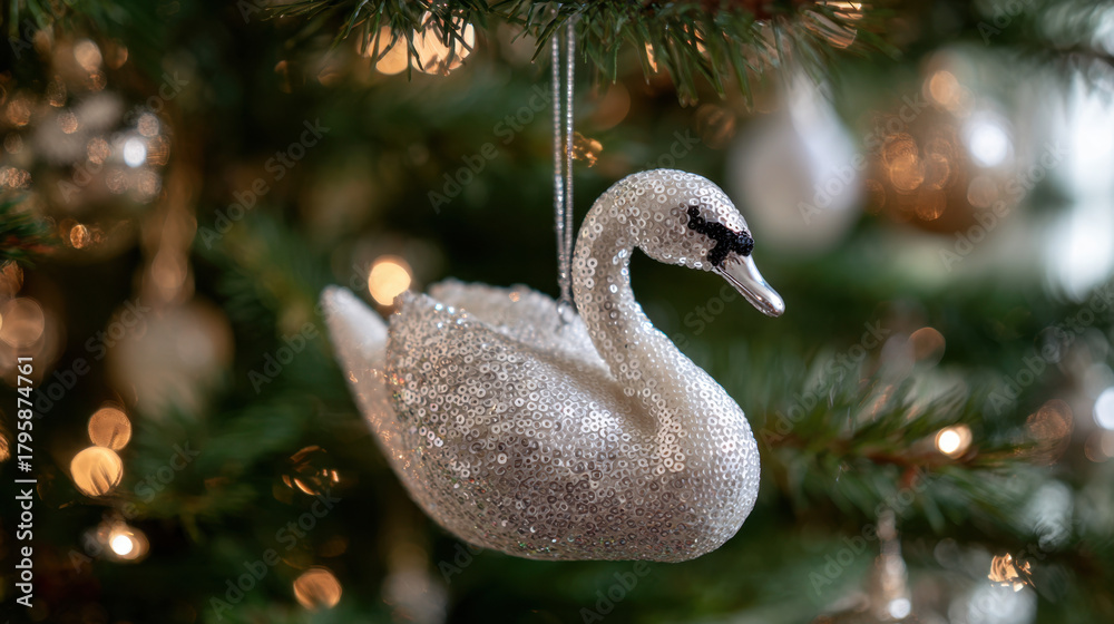 Obraz premium Sparkling swan Christmas ornament covered in silver sequins hanging on a festive tree