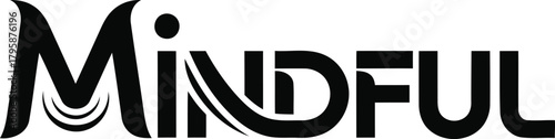 Minimalist logo of the word Mindful in a stylized font. Black lettering on a white background. Symbolizes peace, calm and mental wellness.