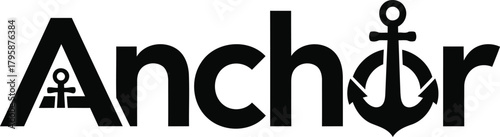 Clean, graphic logo design featuring the word Anchor with an anchor symbol incorporated. Minimalist black and white style, ideal for maritime or naval branding.