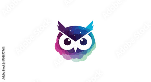 Colorful stylized owl with galaxy-filled head and rainbow cloud body on white