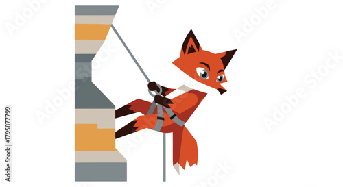 A fox cartoon character rappels down a cliff face