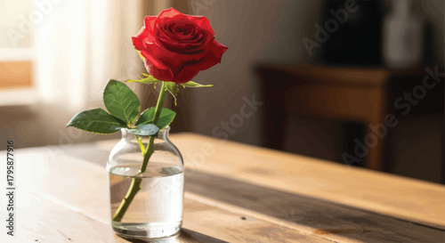 A single red rose in a clear vase on a wooden table in soft light