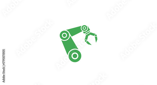 Green articulated robotic arm with claw on a white background