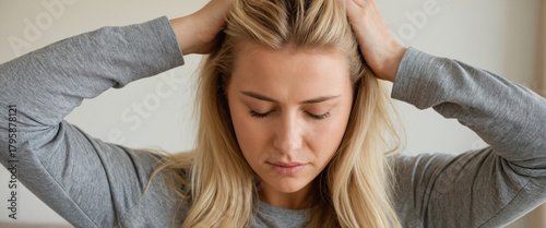 A close-up image of a woman indoors visibly stressed holding both sides of her head