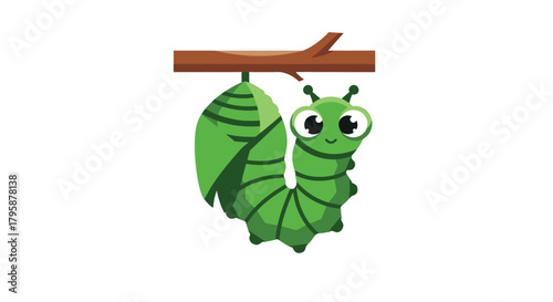 Smiling cartoon caterpillar hangs near its cocoon