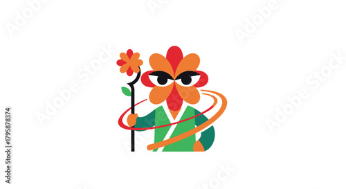 Flat floral figure with staff