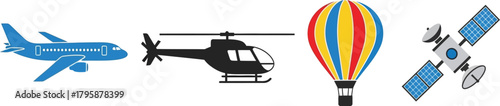 Flat Air Travel Icons Airplane Helicopter Hot Air Balloon Satellite