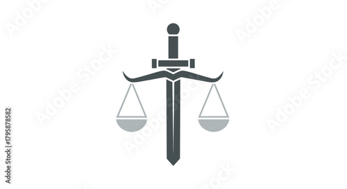 Law symbol. A sword intersecting balanced scales, in muted colors, on white background