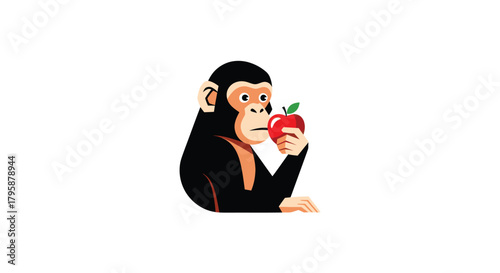 Stylized monkey gazes at a red apple
