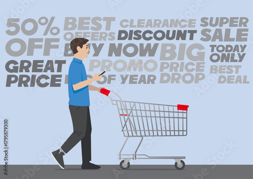 Modern Male Shopper Walking Engaged with Sales and holding Mobile Phone