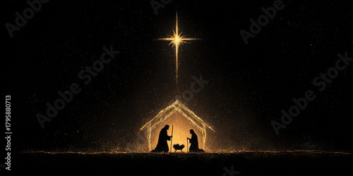 The glowing nativity scene, with a star shining, radiates peace and serenity. ..Created with Generative AI, not depicting real subjects.