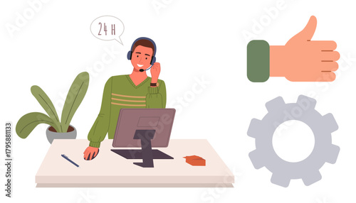 Male customer service agent wearing a headset actively assisting via call at a desk with a computer. Includes thumbs-up sign and gear, ideal for support, communication, efficiency, reliability