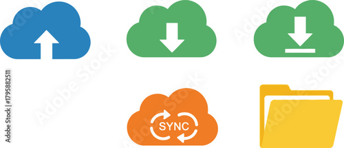 Flat Cloud Storage Icons Cloud Upload Cloud Download Cloud Sync Folder