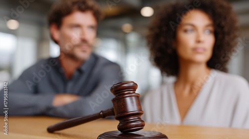 Gavel on table with man and young woman in serious discussion, symbolizing legal conflict, mediation, divorce