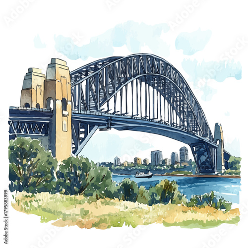 watercolor vector of Sydney Harbour Bridge, isolated on a white background.