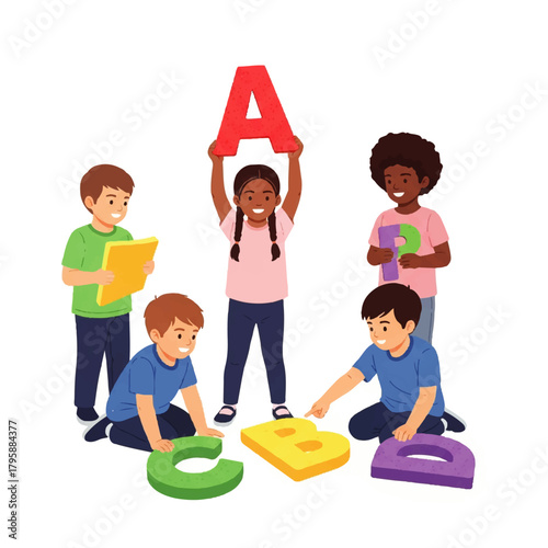 Vibrant group of diverse children engaged with letters and shapes in a colorful classroom scene.