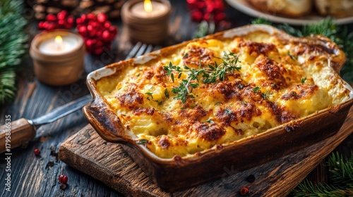 shot of a bubbling, golden-brown potato gratin or scalloped potatoes dish topped with melted cheese and fresh thyme, served in a ceramic dish, surrounded by festive holiday decor and candles