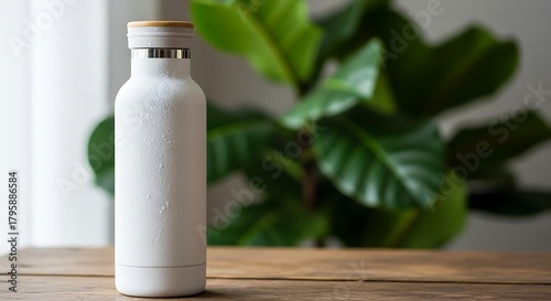 Minimalist white reusable water bottle with bamboo lid on wooden surface against blurry plant backdrop, modern lifestyle
