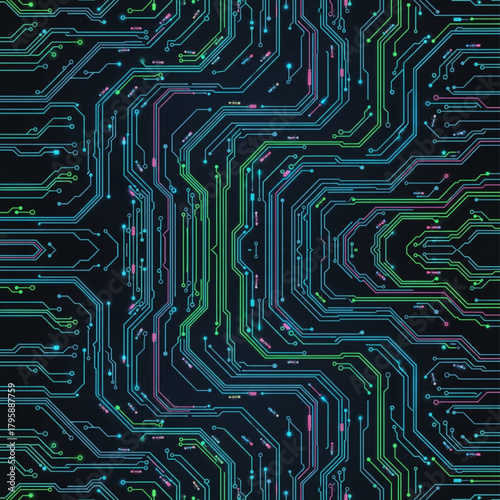 Futuristic circuit board design with glowing neon lines, perfect for technology concepts, cybersecurity illustrations, and cutting-edge digital themes