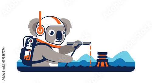 Koala astronaut doing field work with a dropper