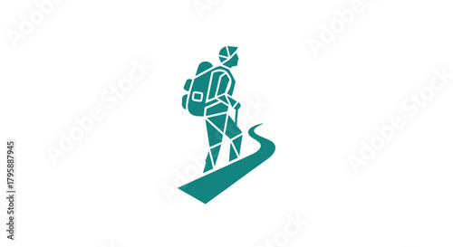 Low-poly hiker with backpack, stick, and winding path