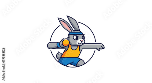 Cartoon hare in athletic gear throwing a ball, surrounded by a circle