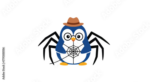 Cartoon penguin spider hybrid with hat and web