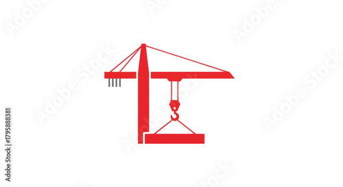 Red construction crane lifting load, gray counterweights
