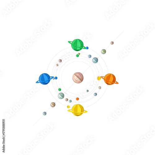 Vibrant cosmic dance features colorful planets orbiting a central star with intricate orbital paths, perfect for educational or futuristic themes