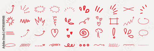 Collection of red hand-drawn arrows, hearts, and doodles. Includes swirls, lines, and symbols. Red doodles and arrows in various playful styles. Colorful doodle elements, vector set.
