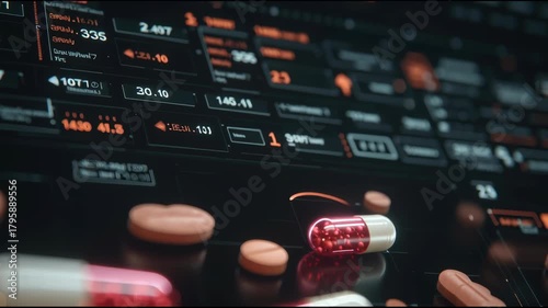 Medical pills and capsules on a futuristic digital display background