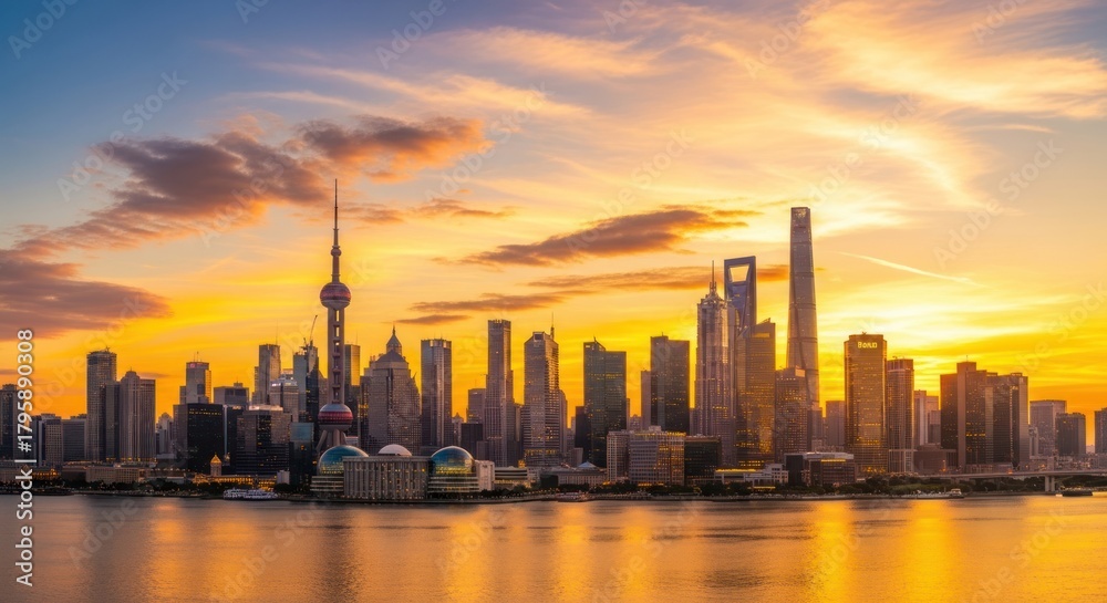 Obraz premium Shanghai skyline at sunset with golden light reflecting on water.