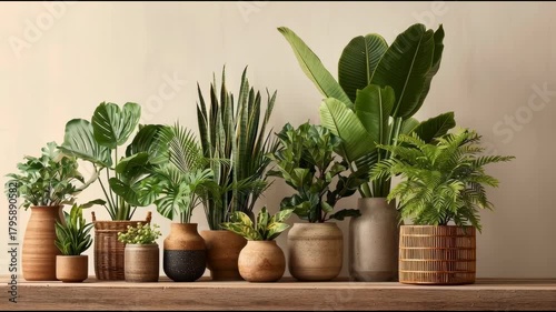 Collection of lush indoor plants in decorative pots on a wooden shelf