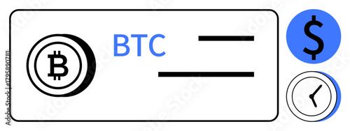 Bitcoin coin icon, BTC label, dollar sign, and clock symbol representing cryptocurrency transactions, time sensitivity, and exchange. Ideal for cryptocurrency, blockchain, fintech finance