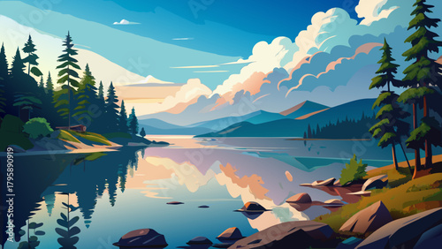 Very beautiful tranquil view of Lake Umbagog with soft clouds reflected on calm water, surrounded by serene natural shoreline and peaceful non-event wilderness scenery.