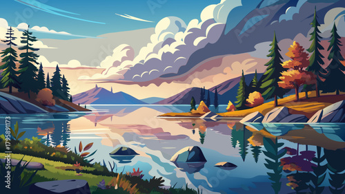 Very beautiful tranquil view of Lake Umbagog with soft clouds reflected on calm water, surrounded by serene natural shoreline and peaceful non-event wilderness scenery.