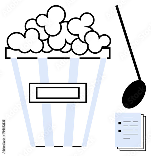 Bucket of popcorn, spoon, and stack of papers implying leisure, snack time, multitasking, or film study. Ideal for entertainment, food productivity balance movie watching planning simplicity. A