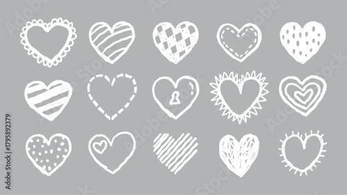 Set of 16 white hand-drawn hearts on a gray background. Each heart has a unique design, showcasing various patterns and textures. Perfect for romantic themes. White doodle Valentine's Day vector set.