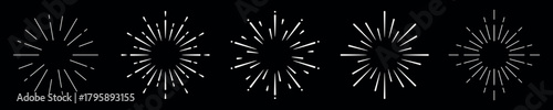 Minimalist starburst pattern with five identical designs. Starburst shapes in a linear arrangement. Simple starburst pattern on a black background. Festive elements, vector set.