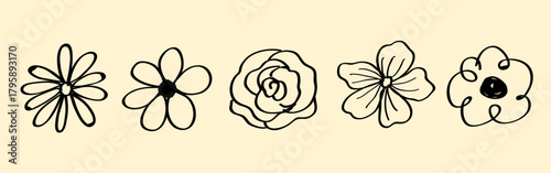 Simple black line drawings of five flowers on a beige background. Each flower has a unique design, showcasing artistic line art of floral patterns. Cute hand drawn floral elements, vector set.